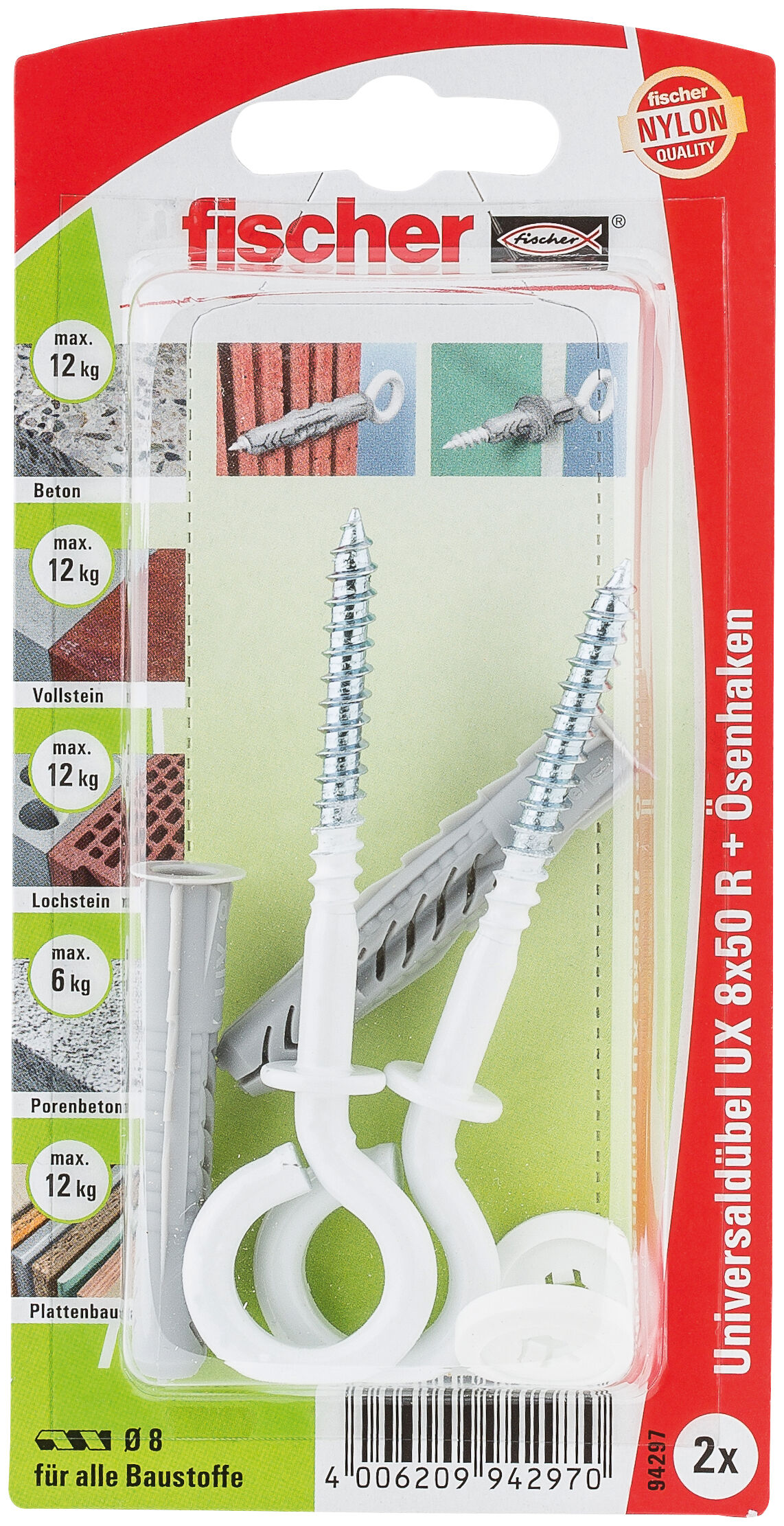 Packaging: "fischer Universal plug UX 8 x 50 OH N K with rim and white eye hook"