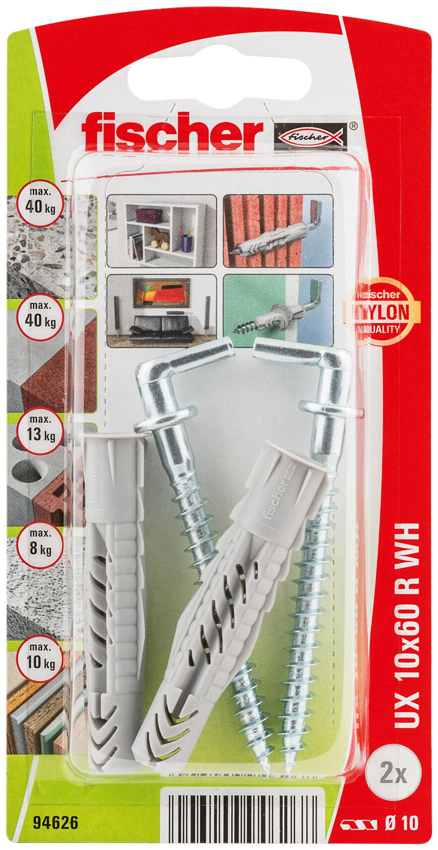 Packaging: "fischer Universal plug UX 10 x 60 R WH with rim and angle hook"