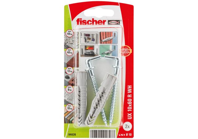 Verpackung: "fischer Universaldübel UX 10 x 60 WH mit Winkelhaken"