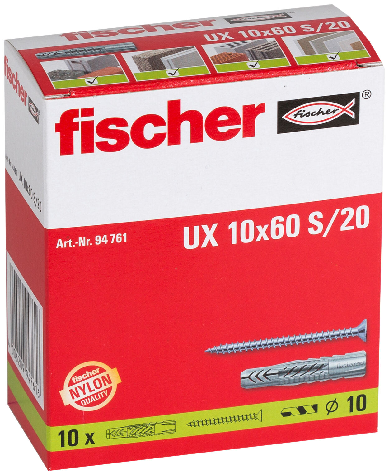 Packaging: "fischer Universal plug UX 10 x 60 S with screw"