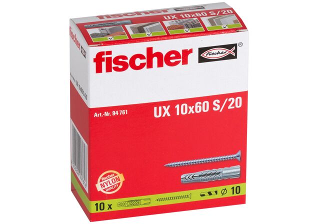 Packaging: "fischer 安全尼龙锚栓UX 10 x 60 R S/20 带端缘和螺钉"