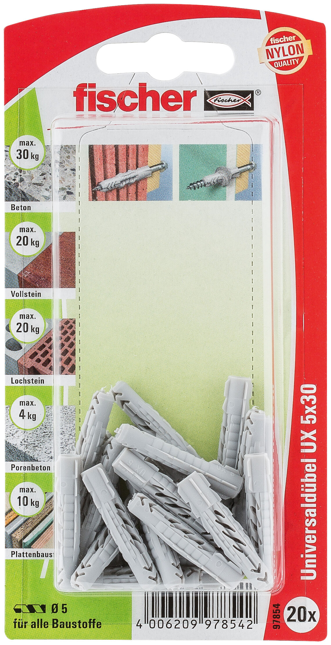 Packaging: "fischer Universal plug UX 5 x 30 K without rim"