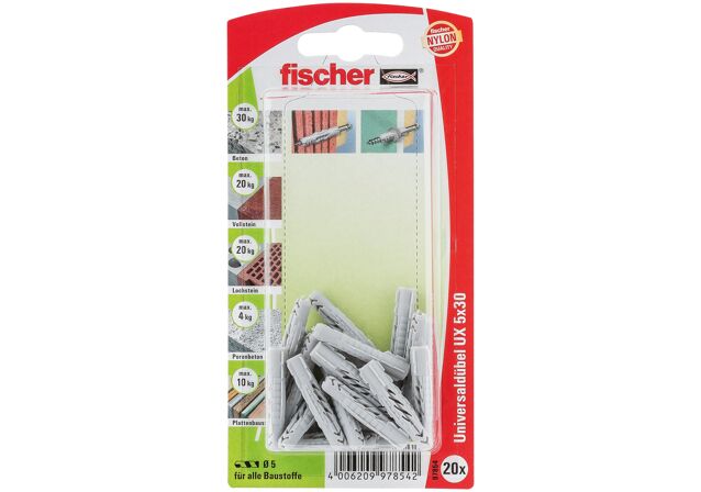 Packaging: "fischer Universal plug UX 5 x 30 K without rim"