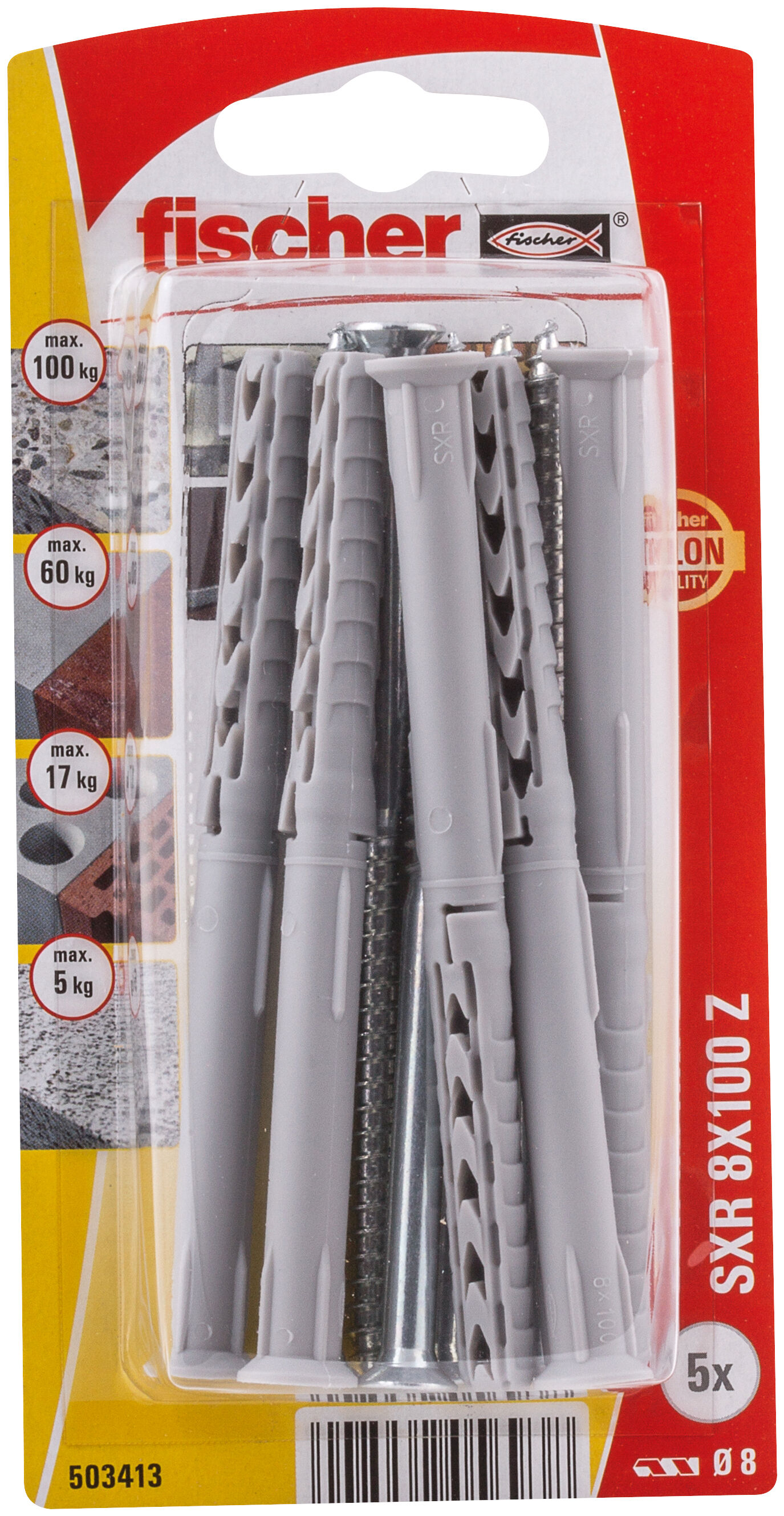 Verpackung: "fischer Langschaftdübel SXR 8 x 100 Z Senkkopfschraube (PZ)"