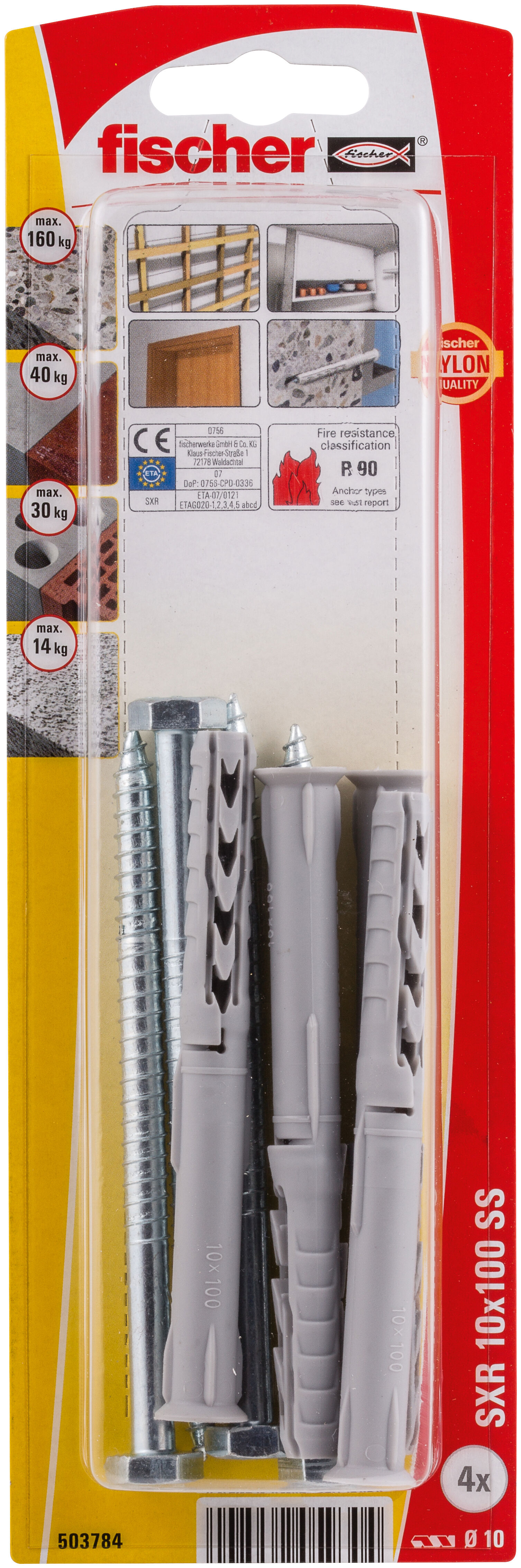 Packaging: "fischer Frame fixing SXR 10 x 100 SS K with hexagonal screw"