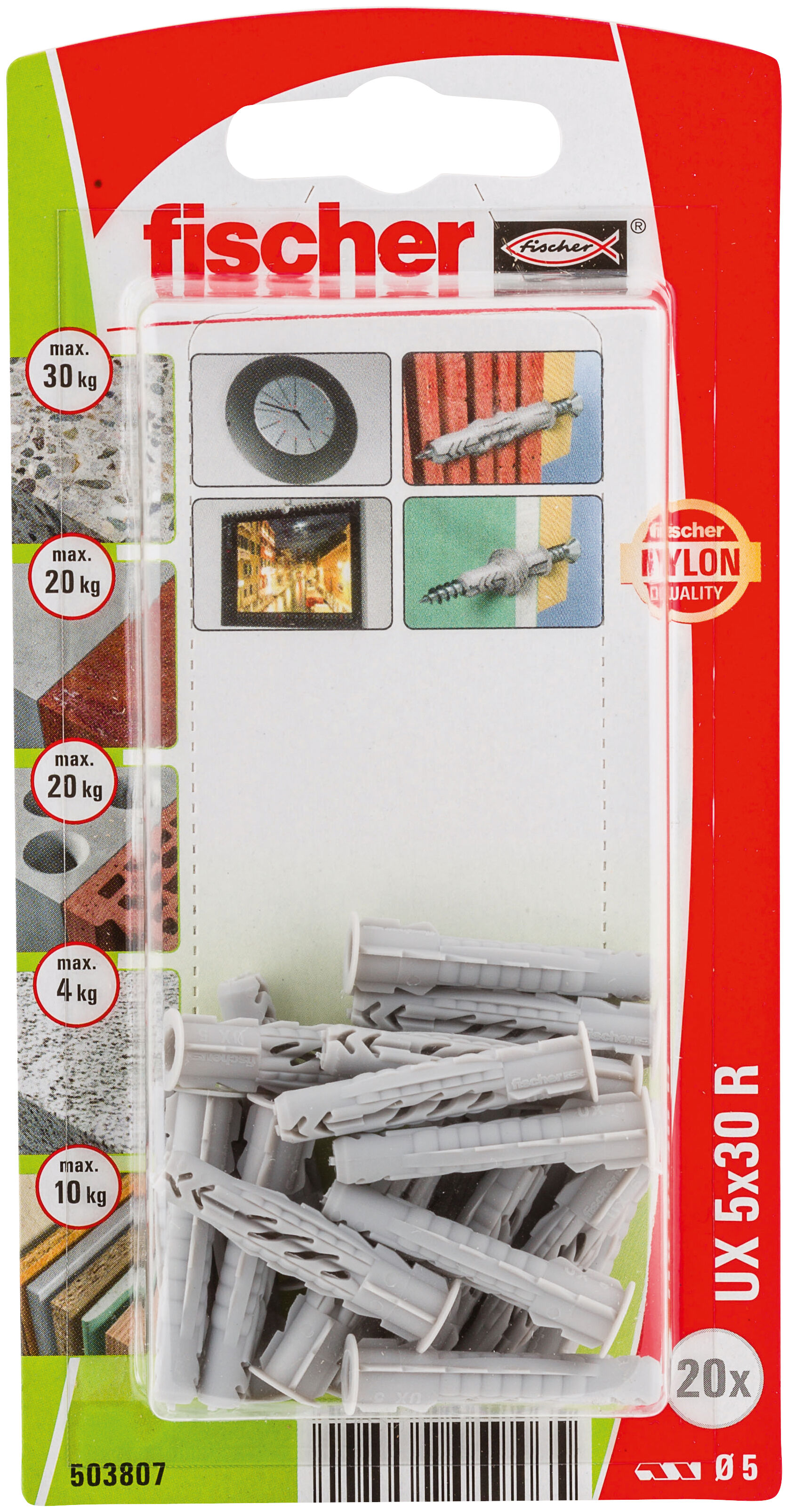 Packaging: "fischer Universal plug UX 5 x 30 with rim"