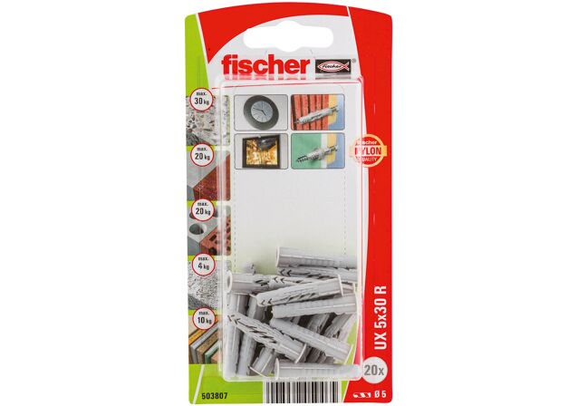 Packaging: "fischer Universal plug UX 5 x 30 with rim"