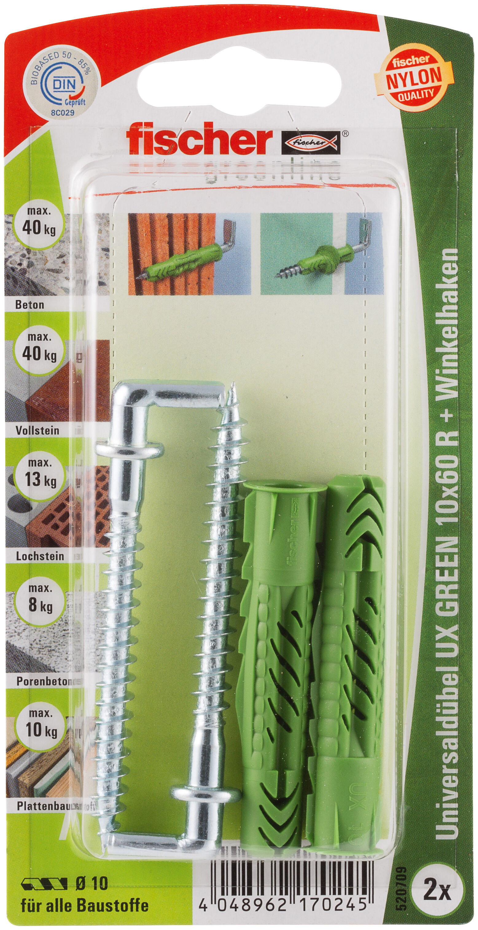 Packaging: "fischer Universal plug UX Green 10 x 60 R WH K with rim, angle hook SB-card"