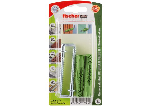 Packaging: "fischer Universal plug UX Green 10 x 60 R WH K with rim, angle hook SB-card"