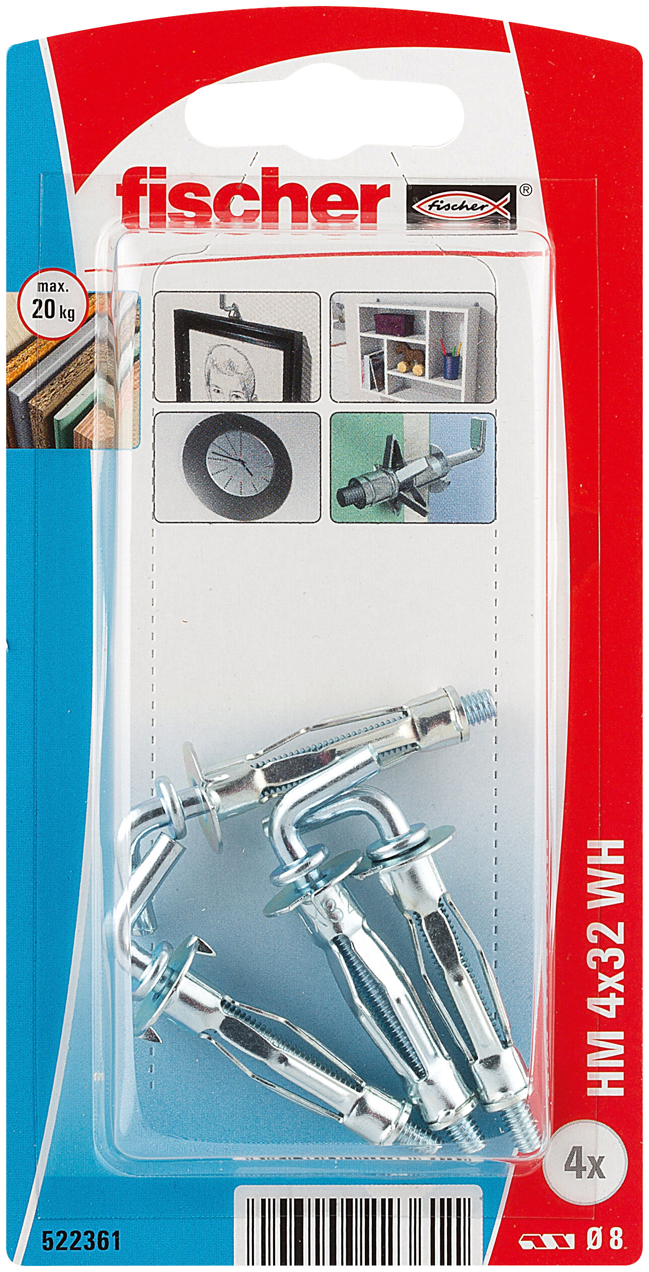 Packaging: "fischer Metal cavity fixing HM 4 x 32 H with angle hook SB-card"