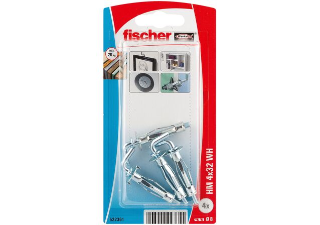 Packaging: "fischer Metal cavity fixing HM 4 x 32 H with angle hook SB-card"