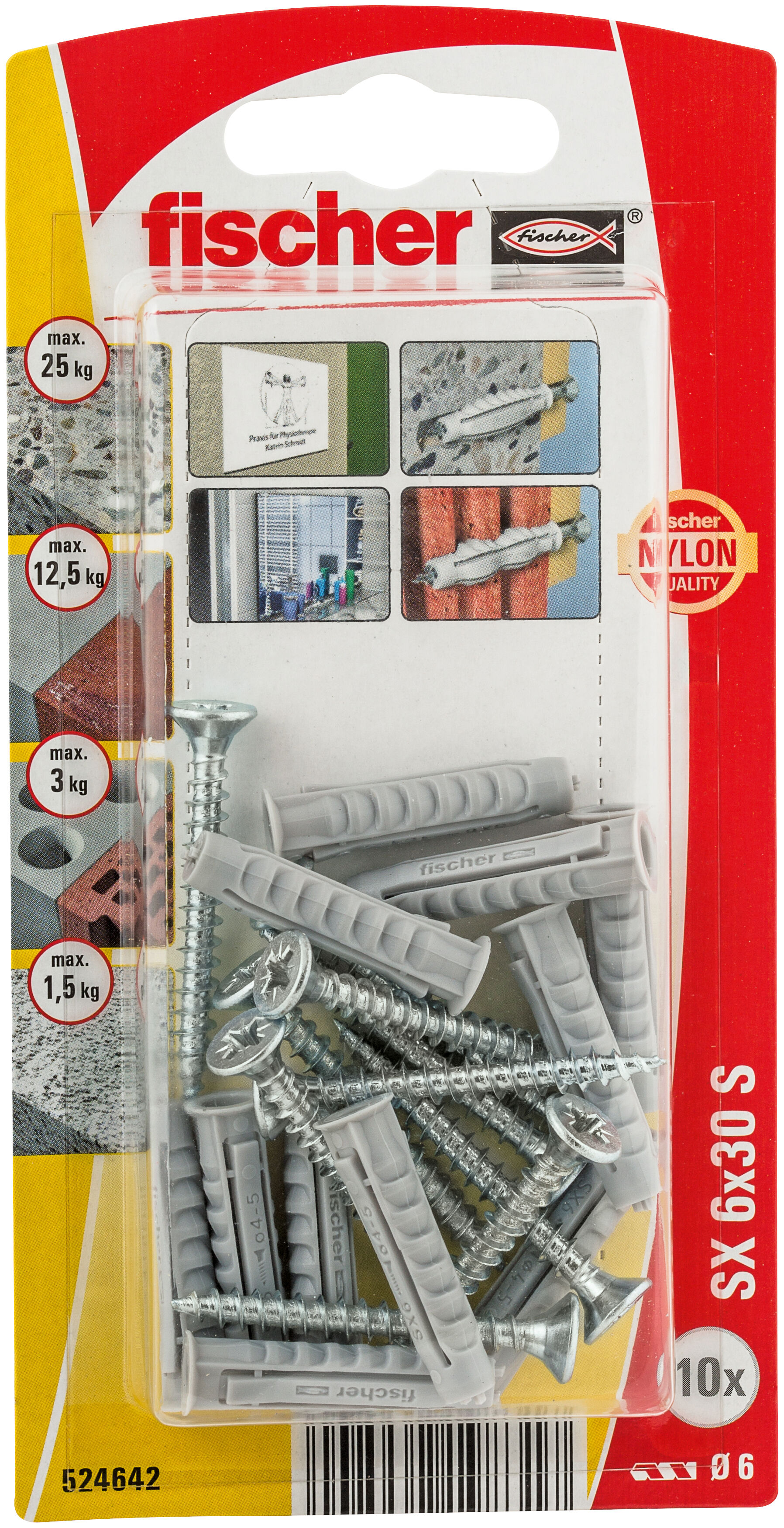 Packaging: "fischer Expansion plug SX 6 x 30 S with screw"