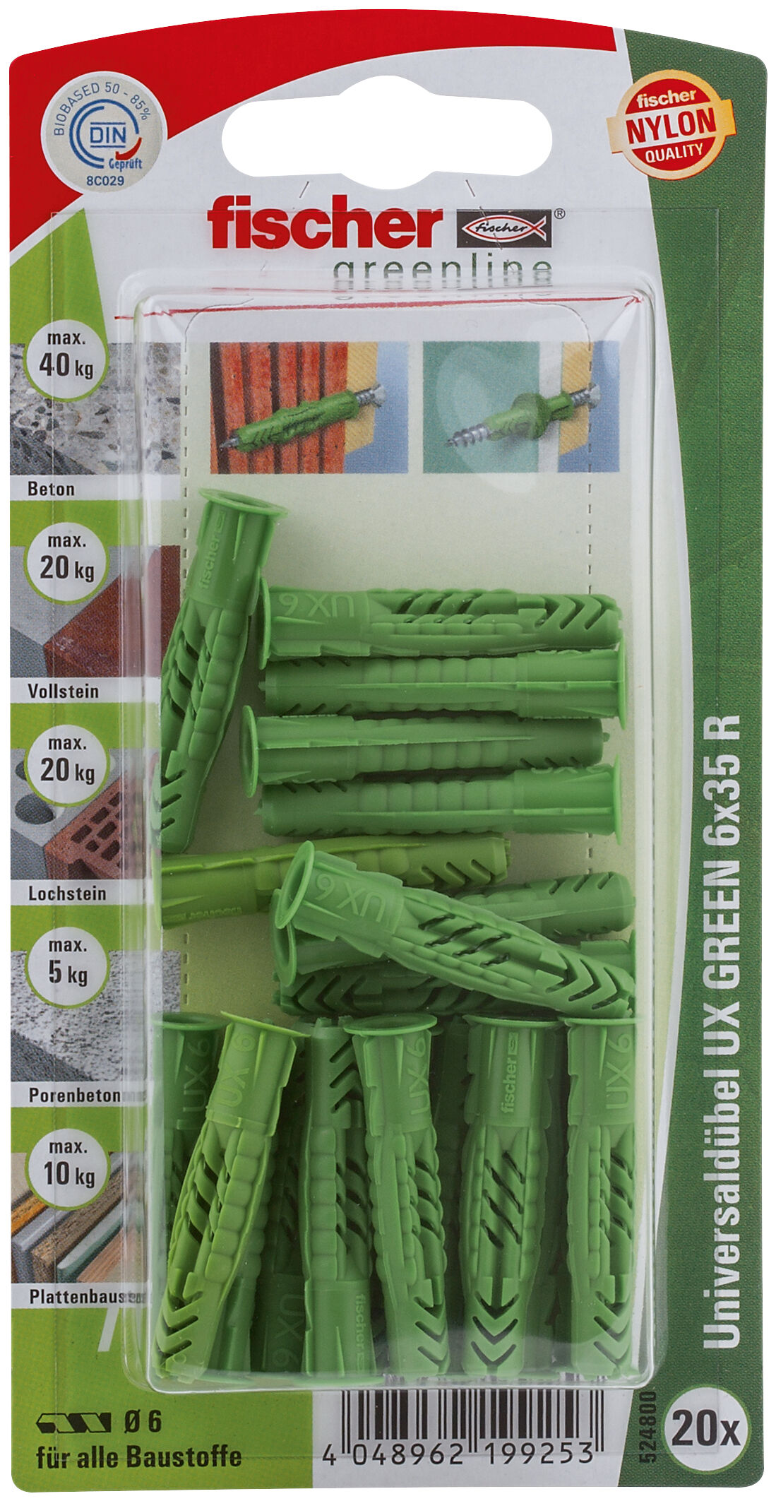 Packaging: "fischer Universal plug UX Green 6 x 35 R K with rim SB-card"