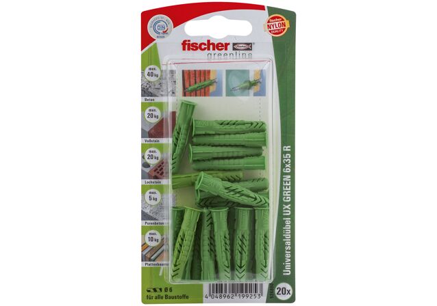 Packaging: "fischer Universal plug UX Green 6 x 35 R K with rim SB-card"