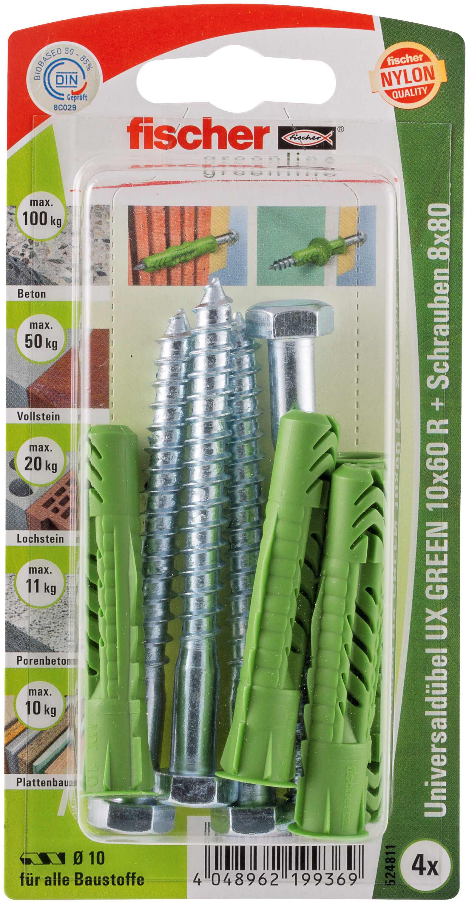 Verpackung: "fischer Universaldübel UX Green 10 x 60 R S mit Rand und Schraube"