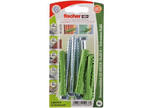 Packaging: "fischer Universal plug UX Green 10 x 60 R S K with rim, screw SB-card"