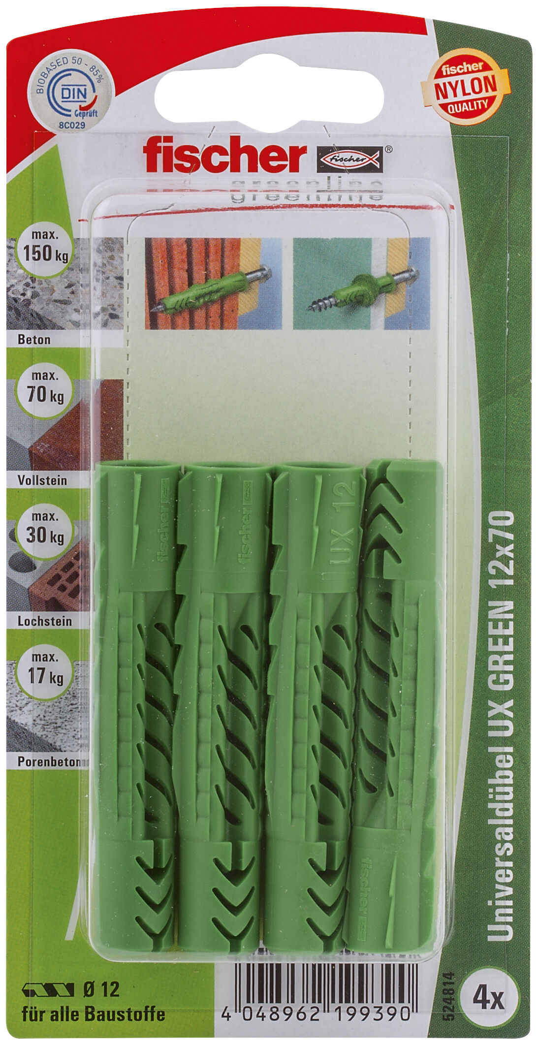 Packaging: "fischer Universal plug UX Green 12 x 70 K SB-card"