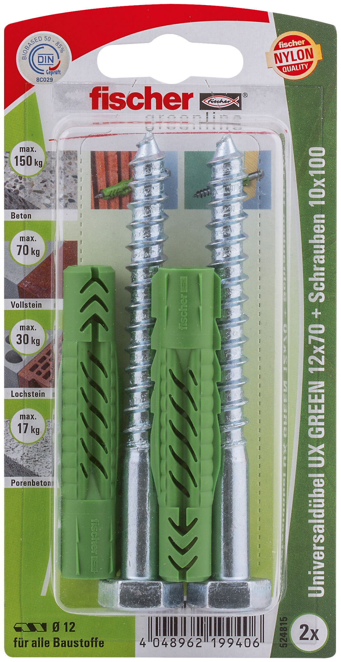 Packaging: "fischer Universal plug UX Green 12 x 70 S K with screw, SB-card"