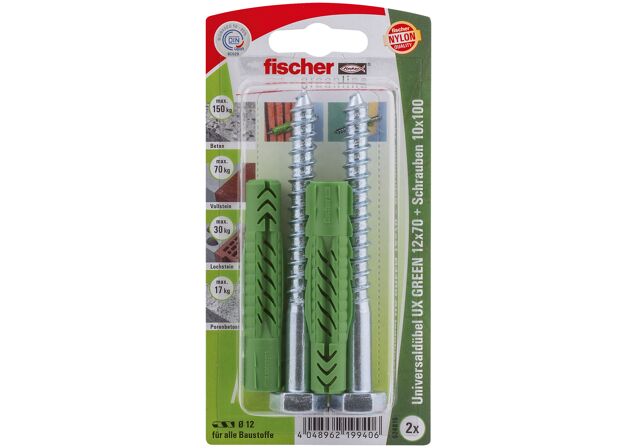 Packaging: "fischer Universal plug UX Green 12 x 70 S K with screw, SB-card"