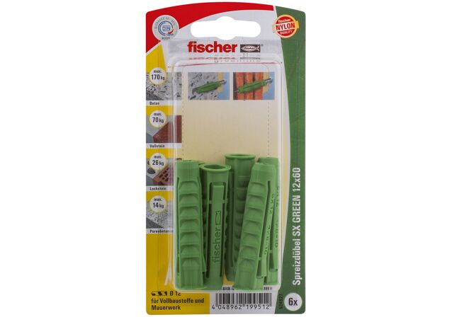Packaging: "fischer Expansion plug SX Green 12 x 60 K with rim"
