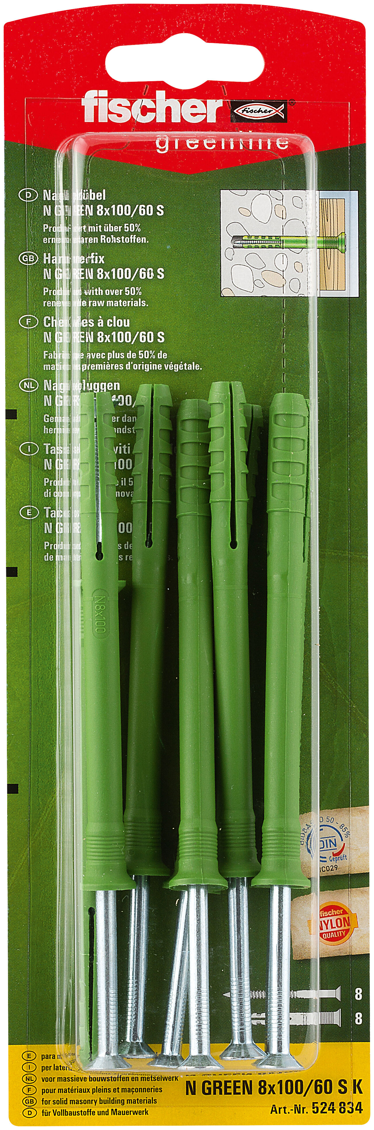 Packaging: "fischer Hammerfix N Green 8 x 100/60 S with countersunk head gvz K"