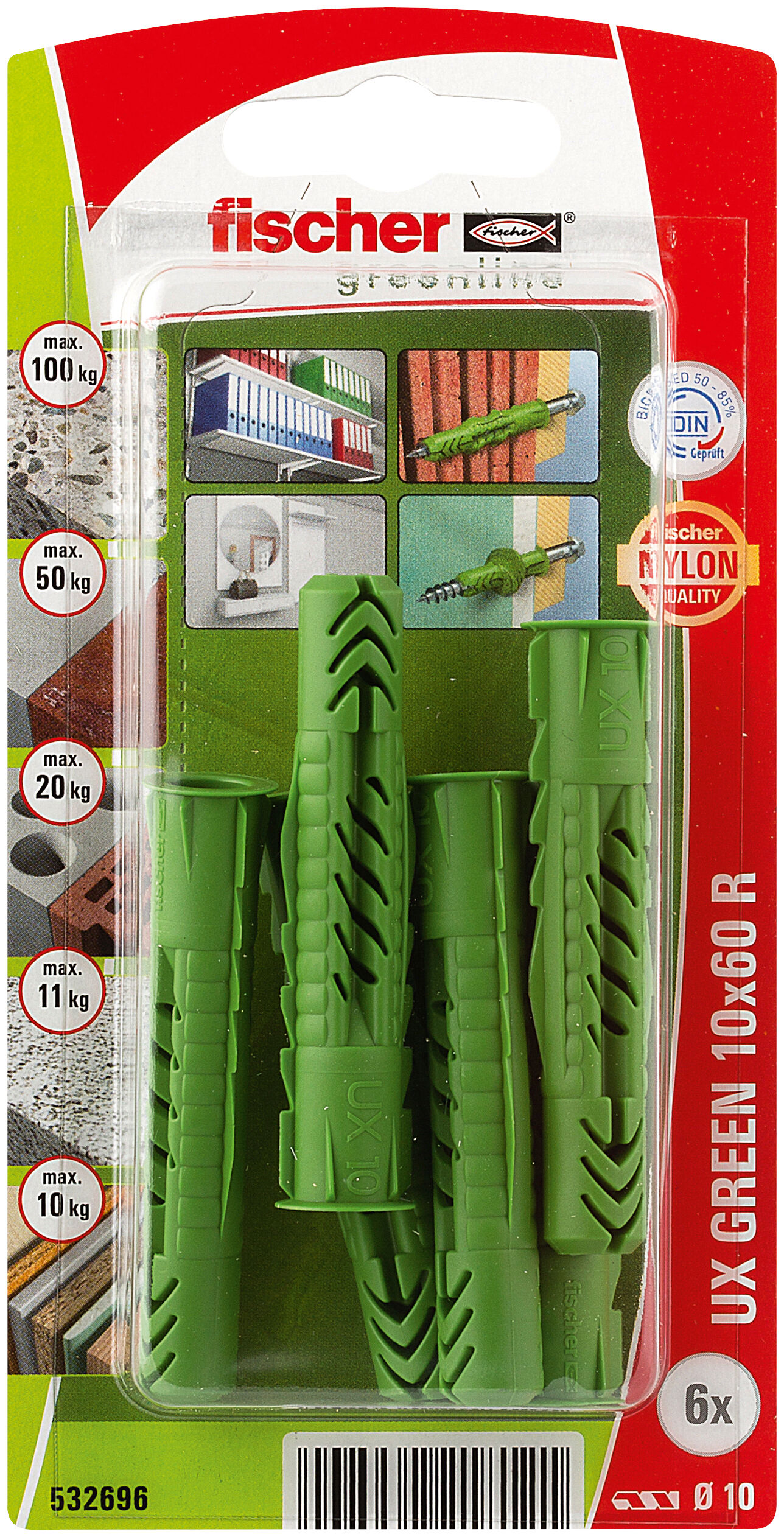 Packaging: "fischer Universal plug UX Green 10 x 60 R with rim SB-card"