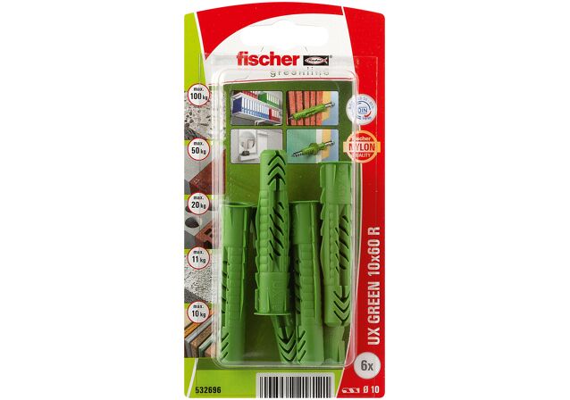 Packaging: "fischer Universal plug UX Green 10 x 60 R with rim SB-card"