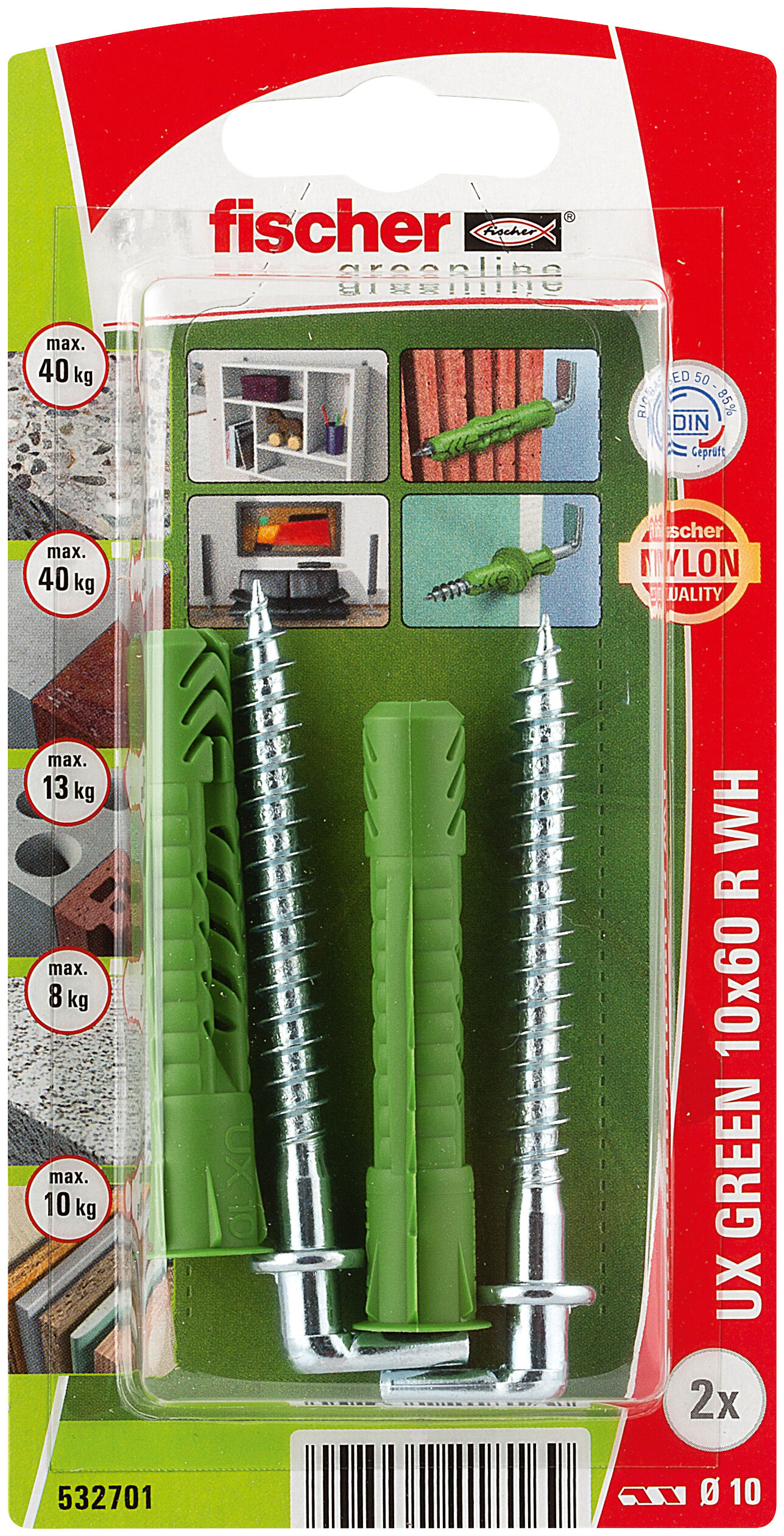 Packaging: "fischer Universal plug UX Green 10 x 60 R WH with rim, angle hook SB-card"
