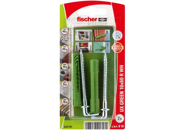 Packaging: "fischer Universal plug UX Green 10 x 60 R WH with rim, angle hook SB-card"
