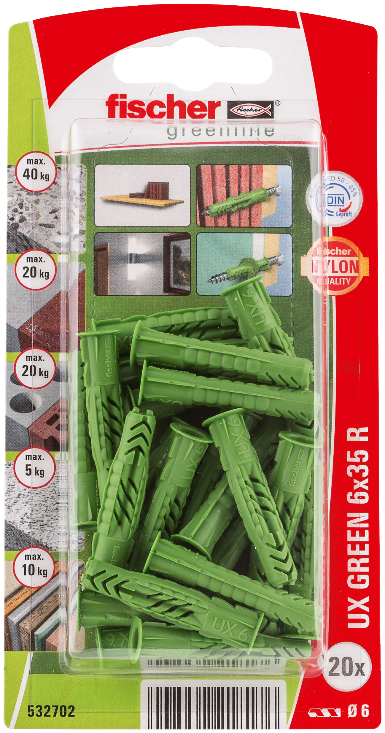 Verpackung: "fischer Universaldübel UX Green 6 x 35 R mit Rand"