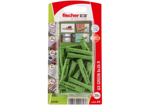 Packaging: "fischer Universal plug UX Green 6 x 35 R with rim SB-card"