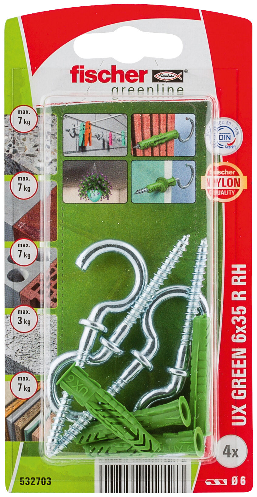 Packaging: "fischer Universal plug UX Green 6 x 35 RH with rim round hook"