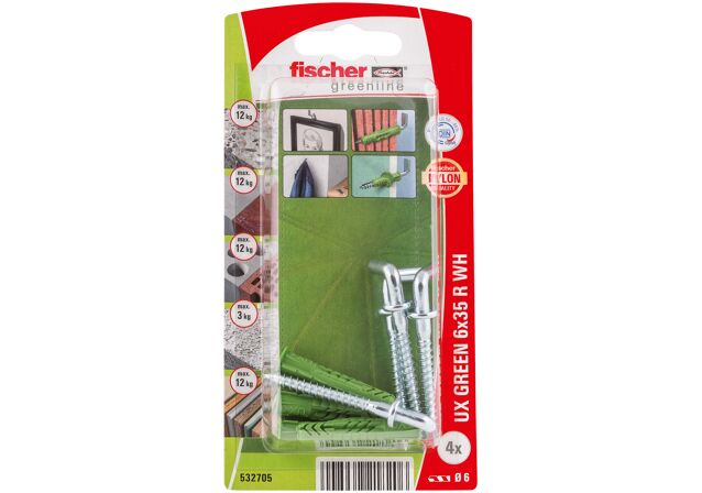 Packaging: "fischer Tampão universal UX Green 6 x 35 R WH com rebordo, angle hook"