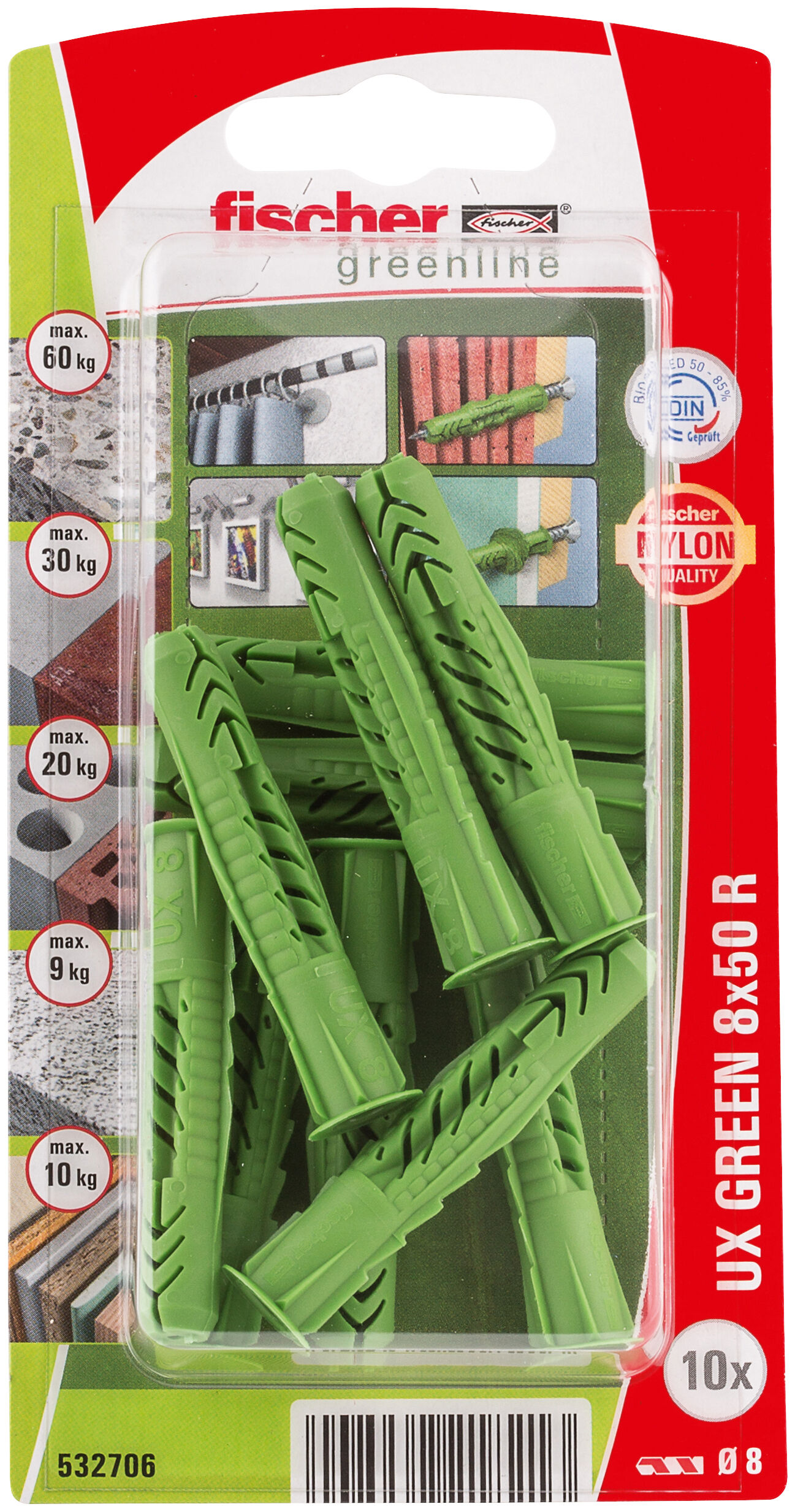Packaging: "fischer Universal plug UX Green 8 x 50 R with rim SB-card"