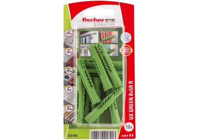 Packaging: "fischer Universal plug UX Green 8 x 50 R with rim SB-card"