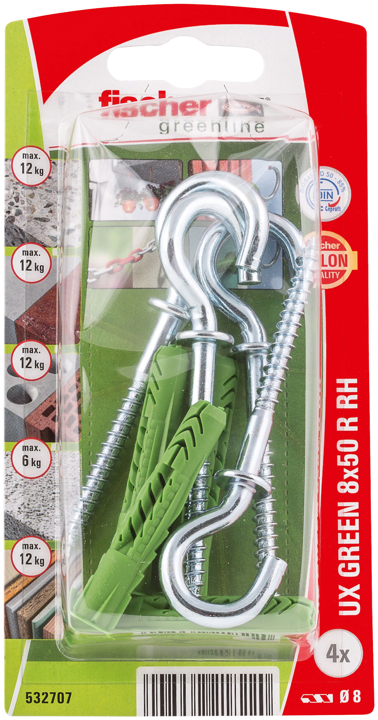 Packaging: "fischer Universal plug UX Green 8 x 50 R RH with rim, round hook SB-card"