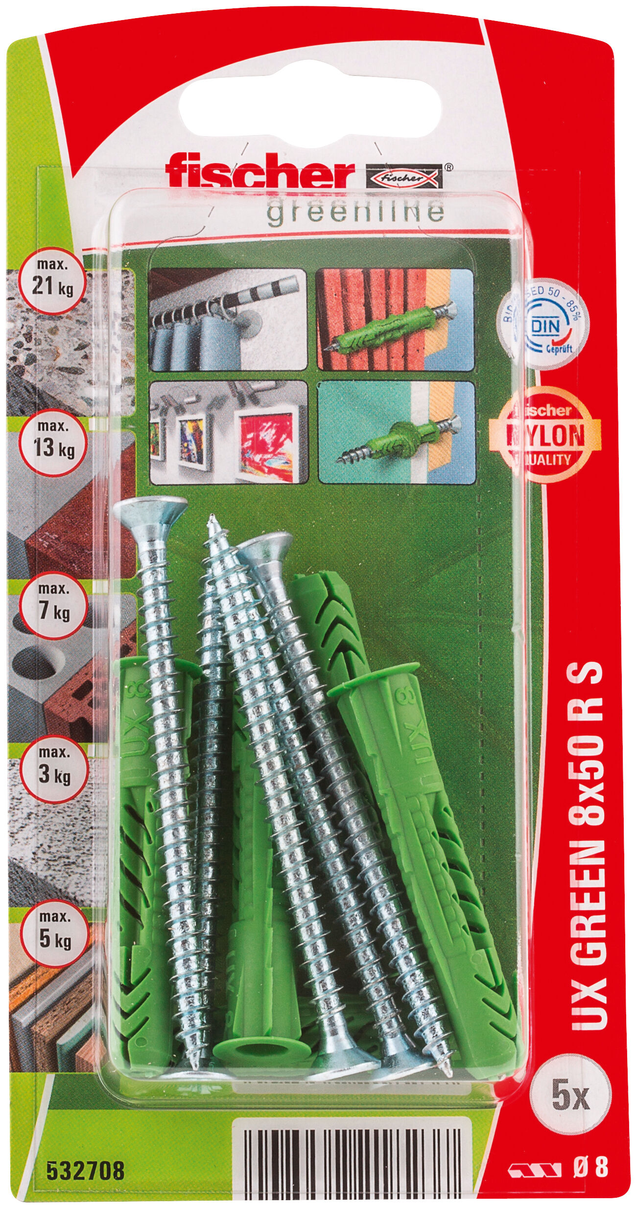 Packaging: "fischer Universal plug UX Green 8 x 50 R S"