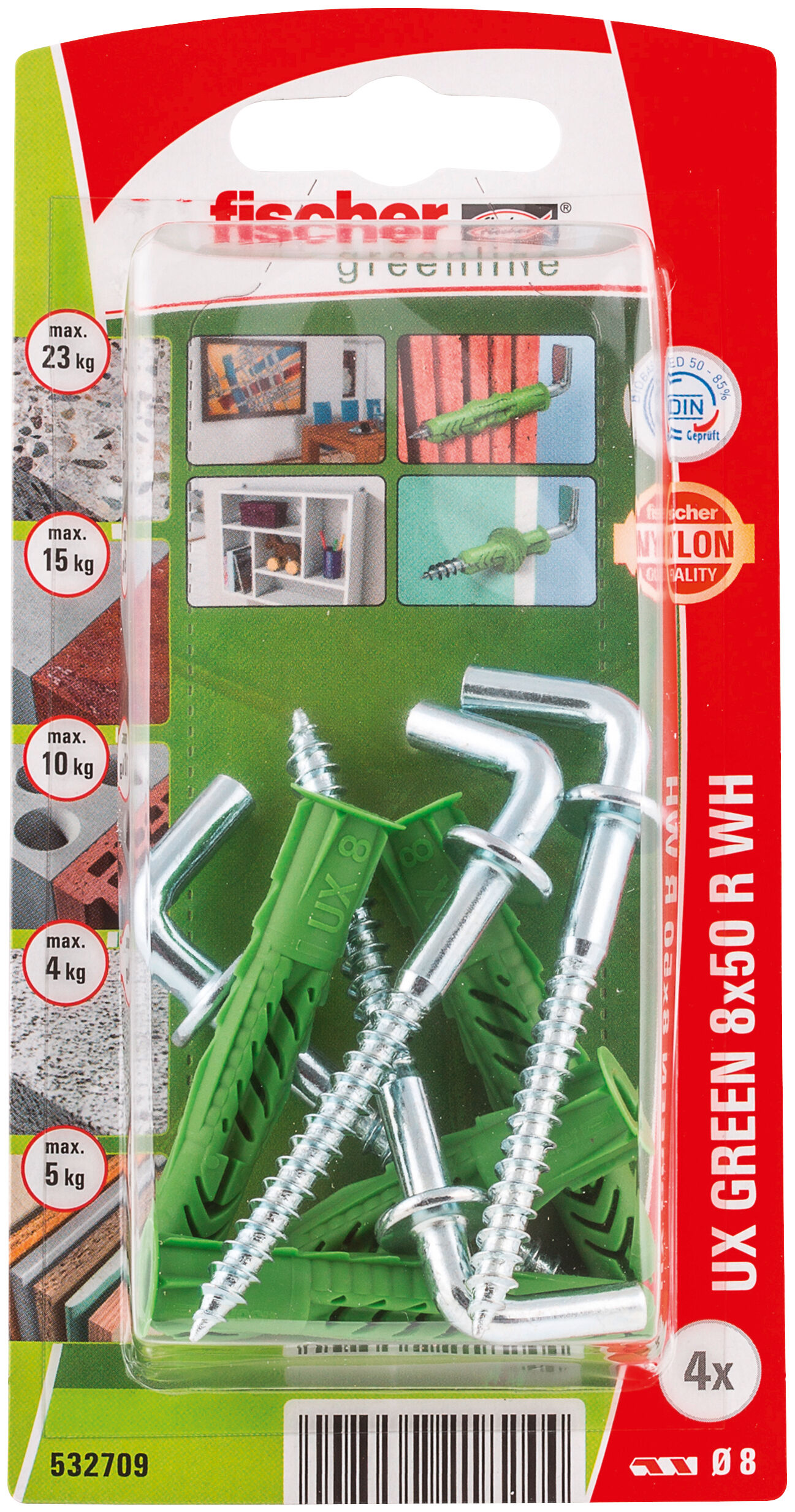 Packaging: "fischer Universal plug UX Green 8 x 50 R WH with rim, angle hook SB-card"