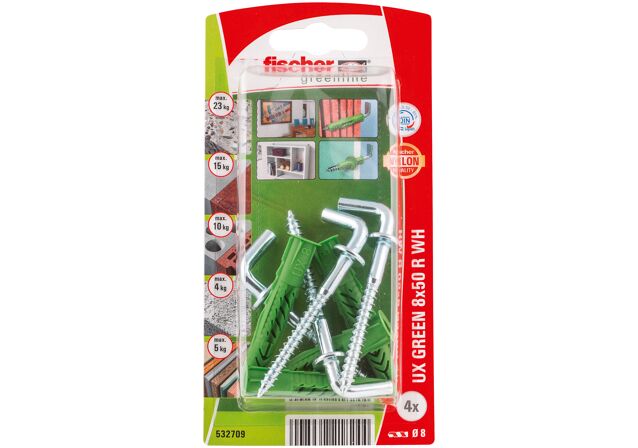 Packaging: "fischer Universal plug UX Green 8 x 50 R WH with rim, angle hook SB-card"