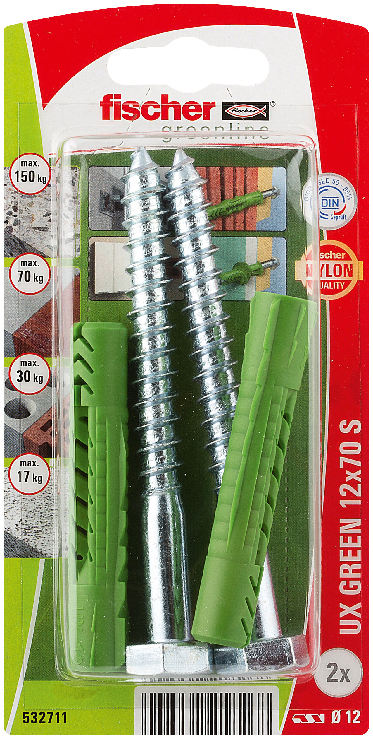 Packaging: "fischer Universal plug UX Green 12 x 70 S with screw"