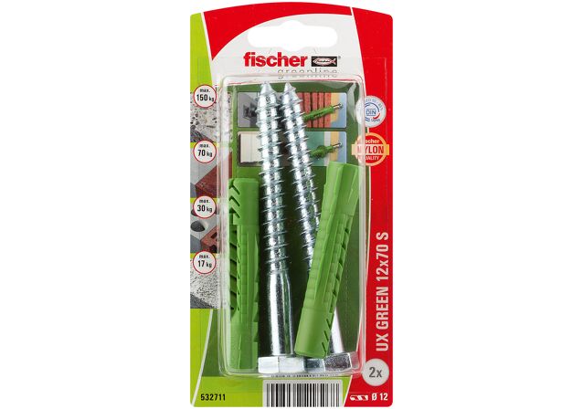 Packaging: "fischer Universal plug UX Green 12 x 70 S with screw"