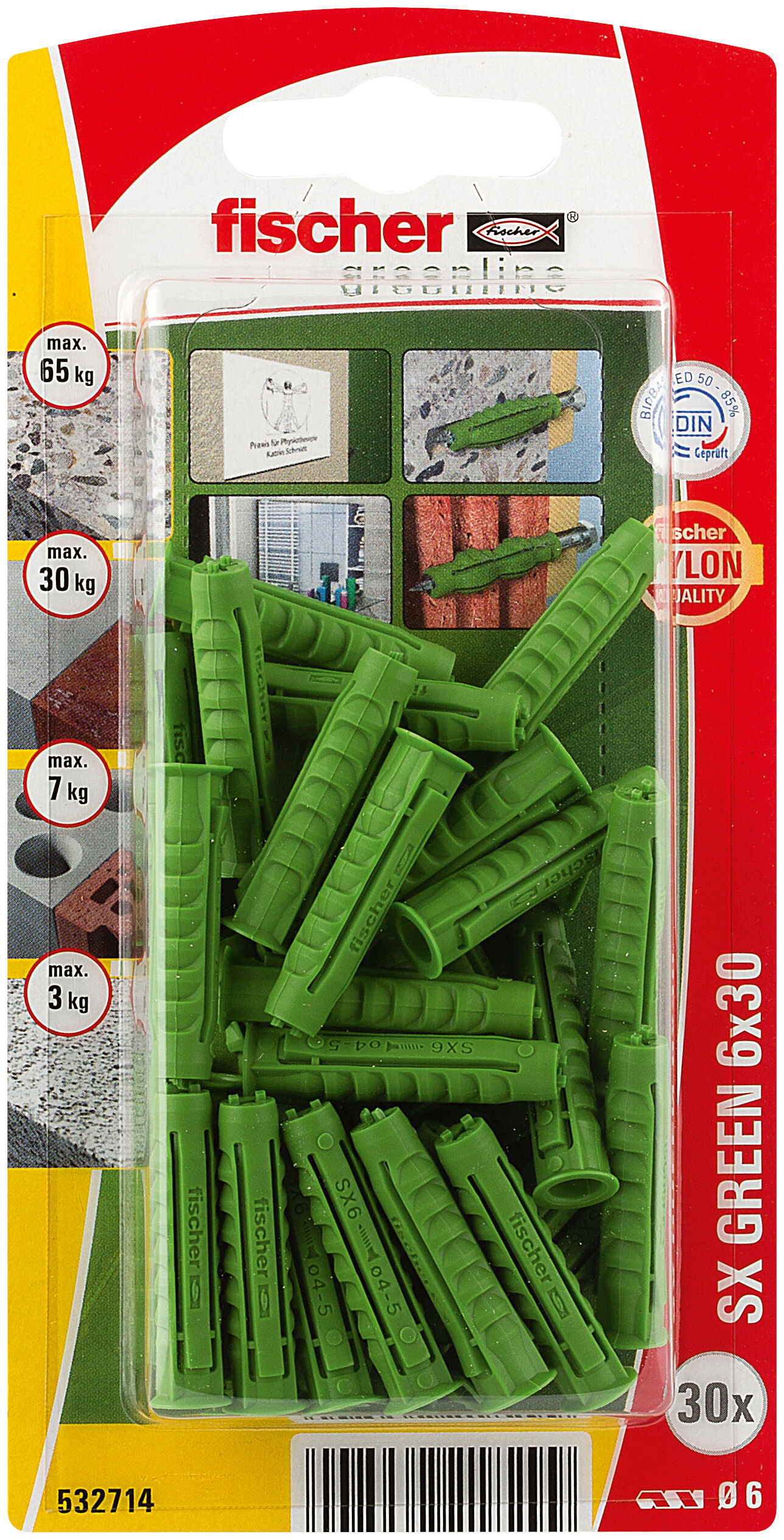 Packaging: "fischer Expansion plug SX Green 6 x 30 with rim"