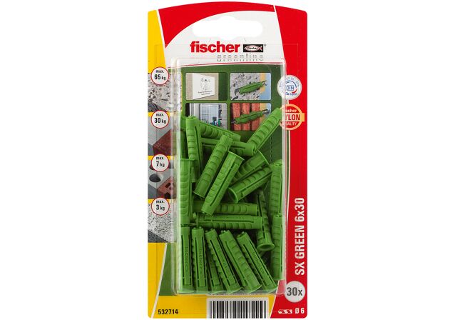 Packaging: "fischer Laajeneva tulppa SX Green 6 x 30"