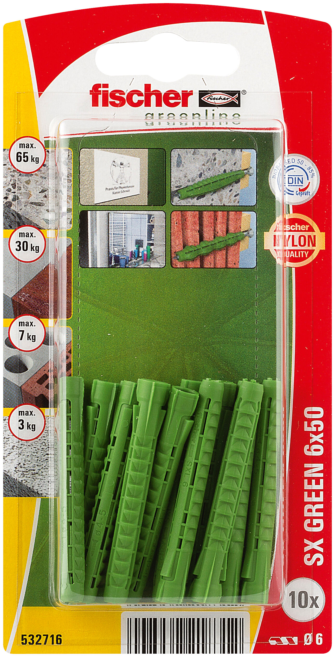 Packaging: "fischer Expansion plug SX Green 6 x 50 with larger anchorage depth"