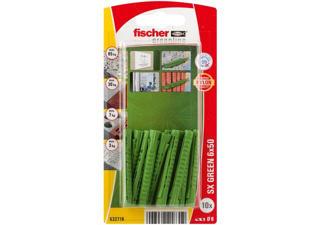 Packaging: "fischer Expansion plug SX Green 6 x 50 with larger anchorage depth"