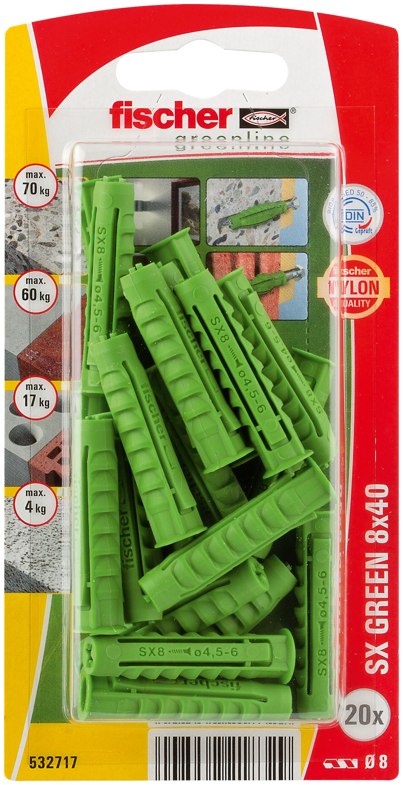 Packaging: "fischer Expansion plug SX Green 8 x 40 with rim"