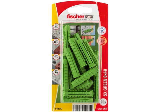 Packaging: "fischer Expansion plug SX Green 8 x 40 with rim"