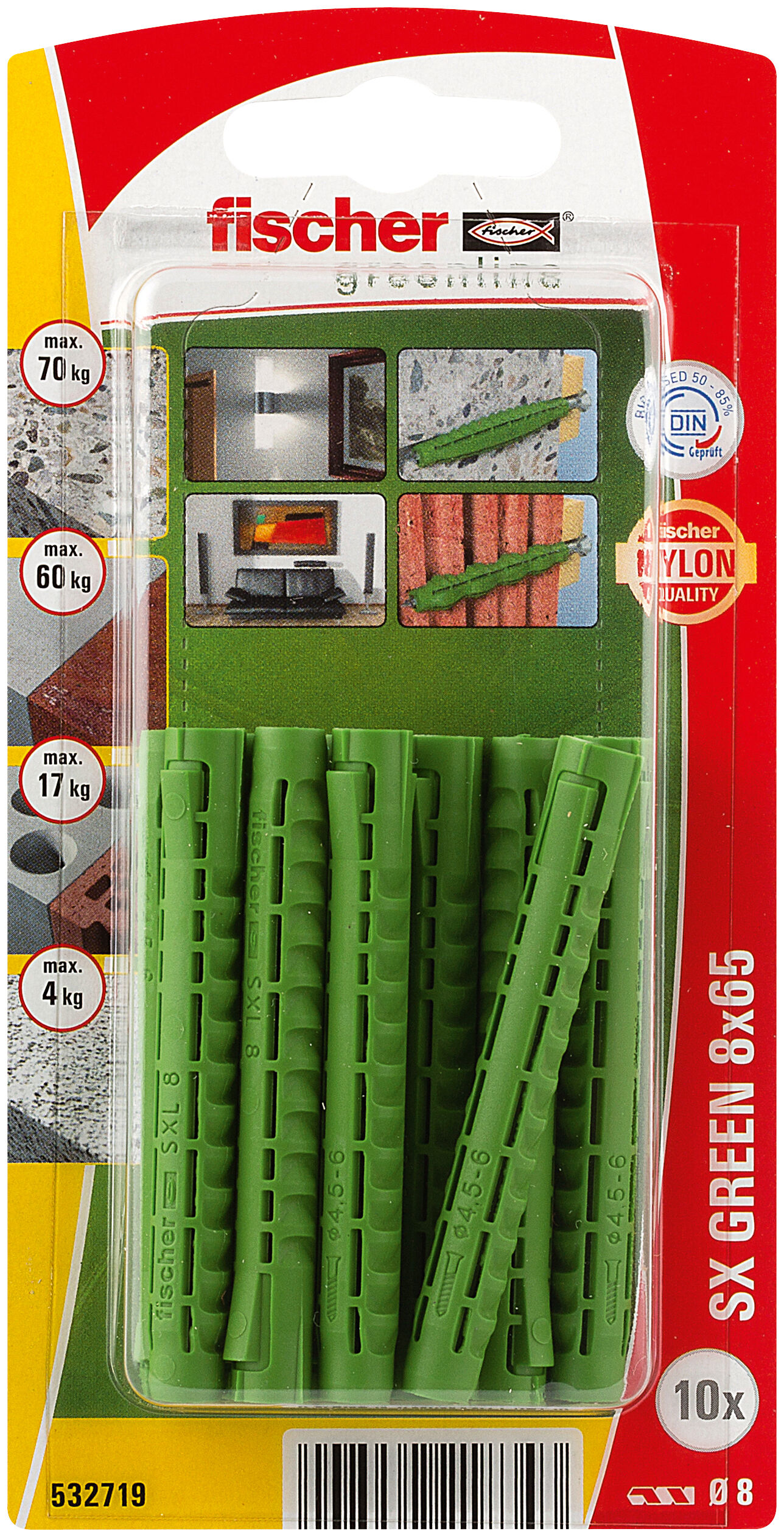 Packaging: "fischer Expansion plug SX Green 8 x 65 with larger anchorage depth"