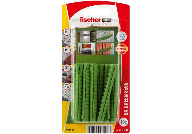 Packaging: "fischer Expansion plug SX Green 8 x 65 with larger anchorage depth"