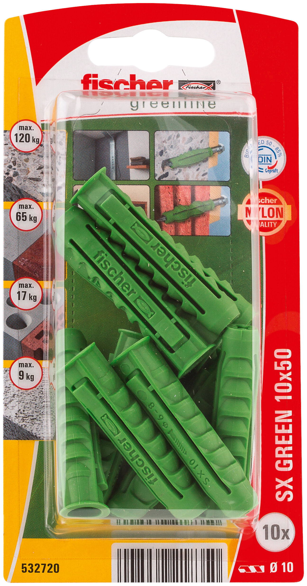 Packaging: "fischer Expansion plug SX Green 10 x 50 with rim"